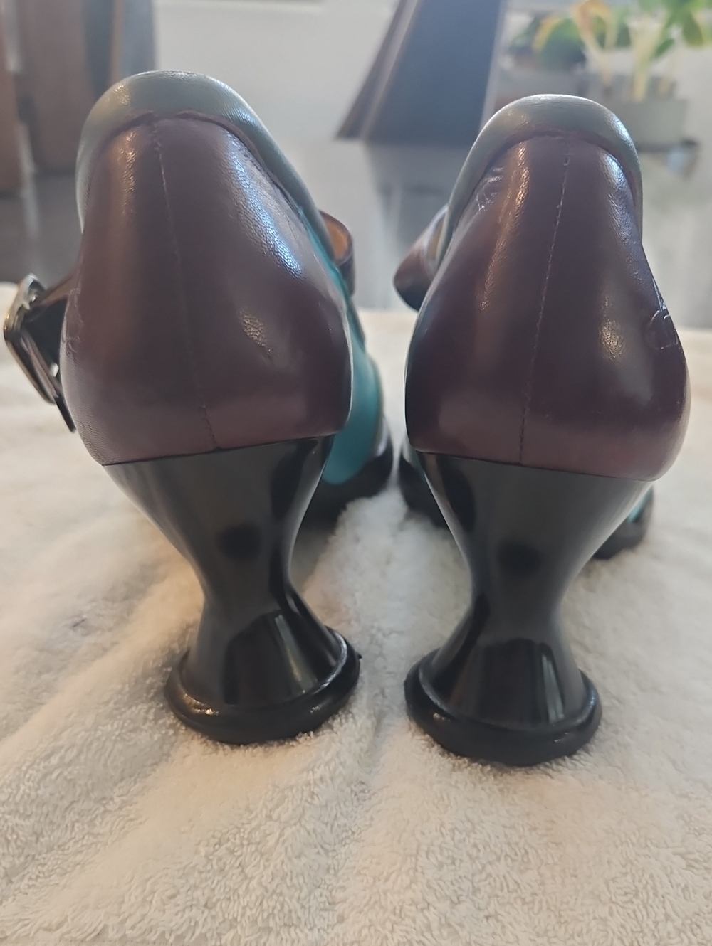 John Fluevog Aqua & Purple Mini gorgouse Mary Jane Heels Sz 10 - Picture 7 of 9